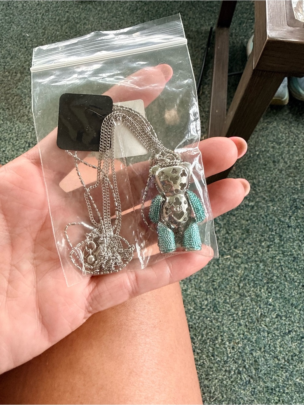 Silver Teddy Pendant Necklace with Teal Accents - Kids Accessories